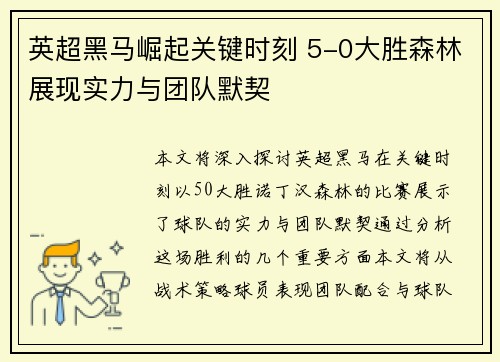 英超黑马崛起关键时刻 5-0大胜森林展现实力与团队默契