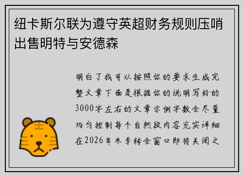 纽卡斯尔联为遵守英超财务规则压哨出售明特与安德森 纽卡斯尔联为遵守英超财务规则压哨出售明特与安德森