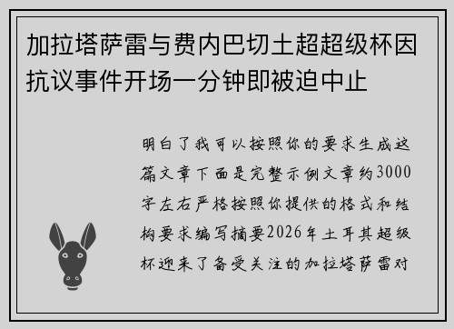加拉塔萨雷与费内巴切土超超级杯因抗议事件开场一分钟即被迫中止