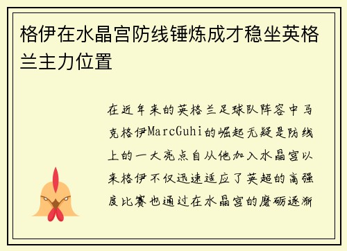 格伊在水晶宫防线锤炼成才稳坐英格兰主力位置