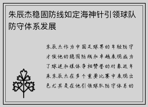 朱辰杰稳固防线如定海神针引领球队防守体系发展