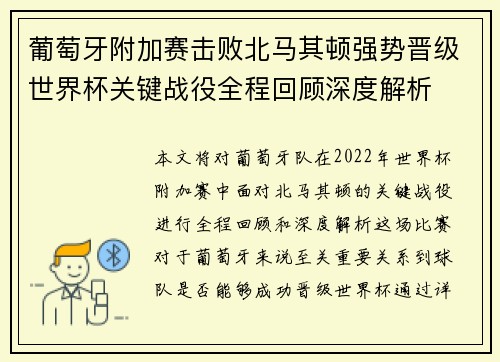 葡萄牙附加赛击败北马其顿强势晋级世界杯关键战役全程回顾深度解析